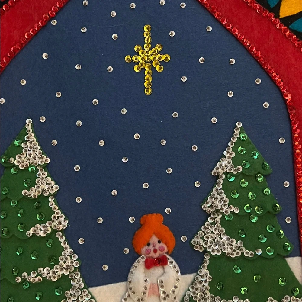 Vintage Handcrafted Colorful Christmas Wall Hanging with Angels-EUC